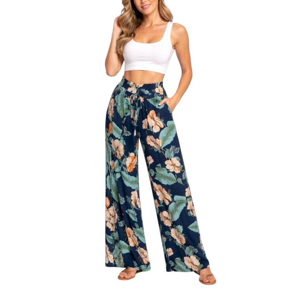 SHEIN Women's Navy Tropical Hibiscus Floral Wide Leg Split Wrap Pants Size XS